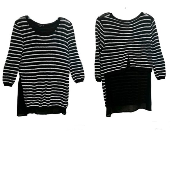 FEMME Open Knit Sheer Back Detail Striped Sweater Crew Lightweight Coastal Top M - Picture 1 of 15